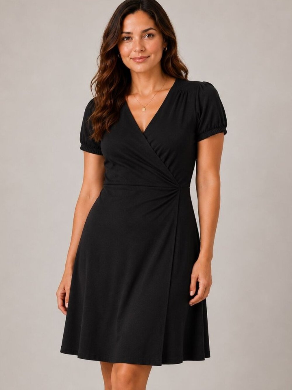 Lands’ End Black True Wrap Dress Fit Flare Tie Sz M Minimal Capsule Jersey Knit